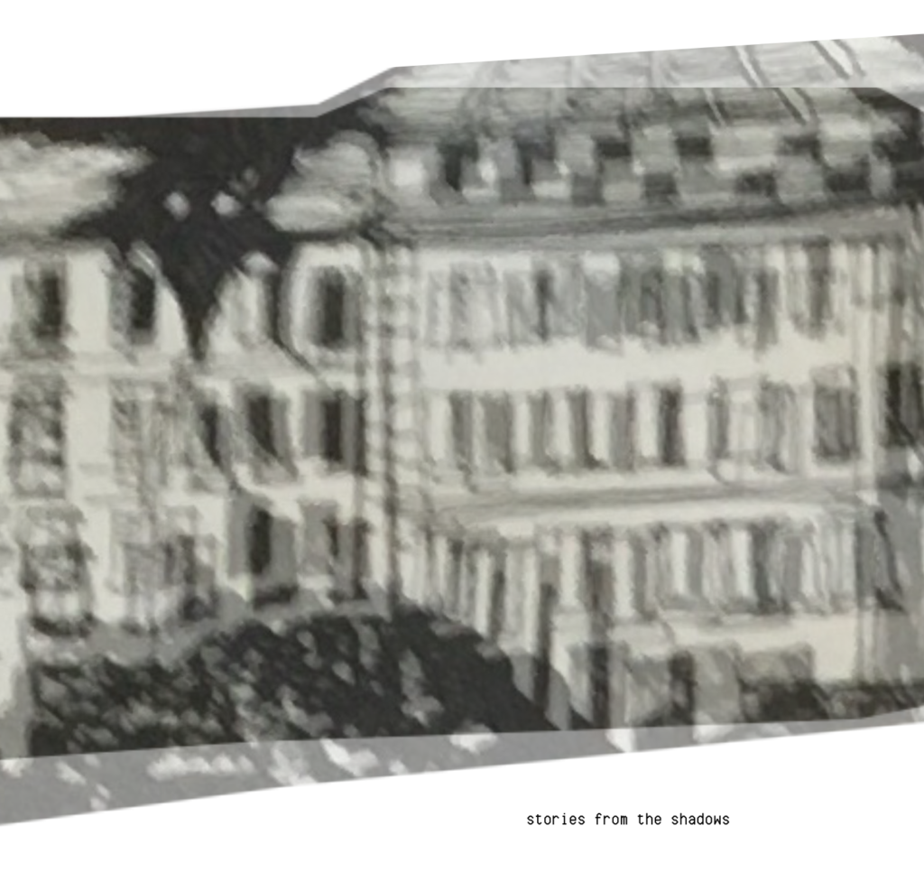 Cover of the visual essay collection, depicting a blurred and overlapping pen and ink illustration of a mansion, which can be understood as representation of the asylum.